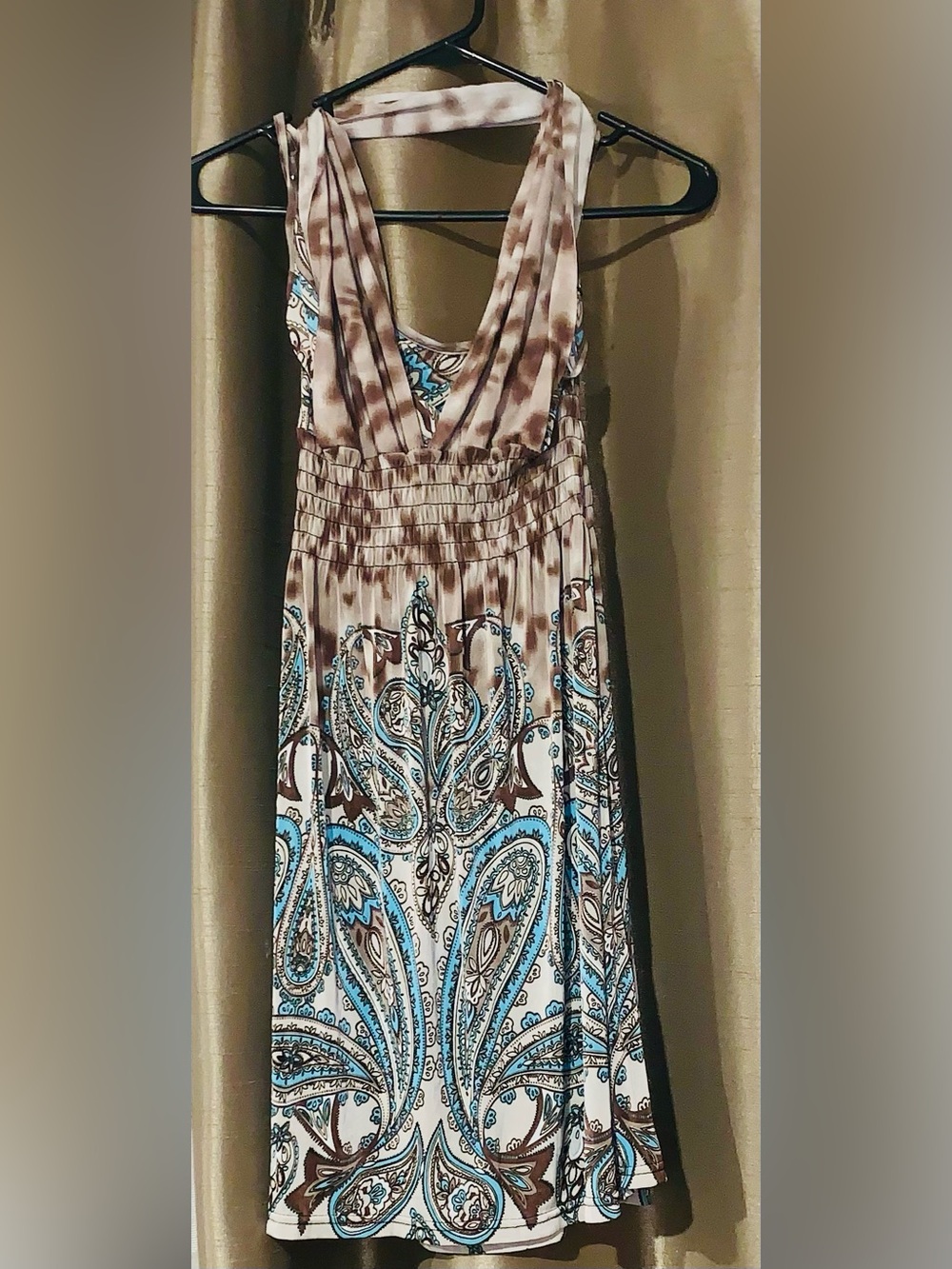 VTG Y2K Julia Midi Halter Dress Brown Blue Paisley Print